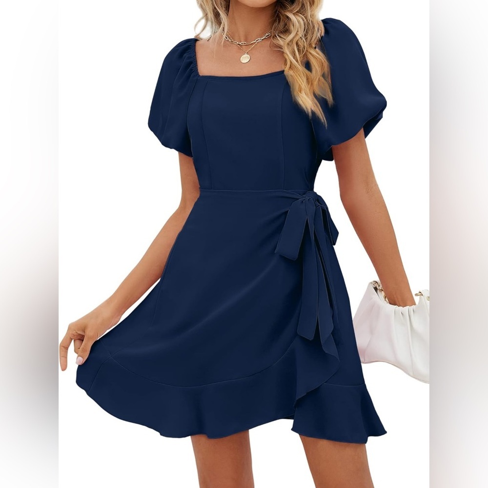 Navy Blue Square Neck Line Poof Sleeve Wrap Dress Cocktail Short Size Large